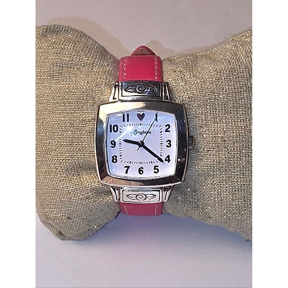 Brighton Orchard Watch Pink Leather Strap Silver Square Case Heart‎ Detail